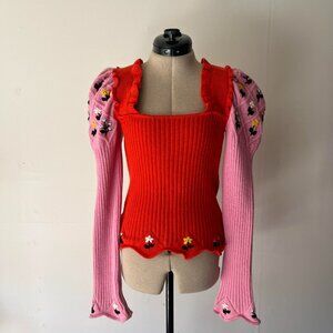 Cormio Red & Pink Floral Embroidered Sweater